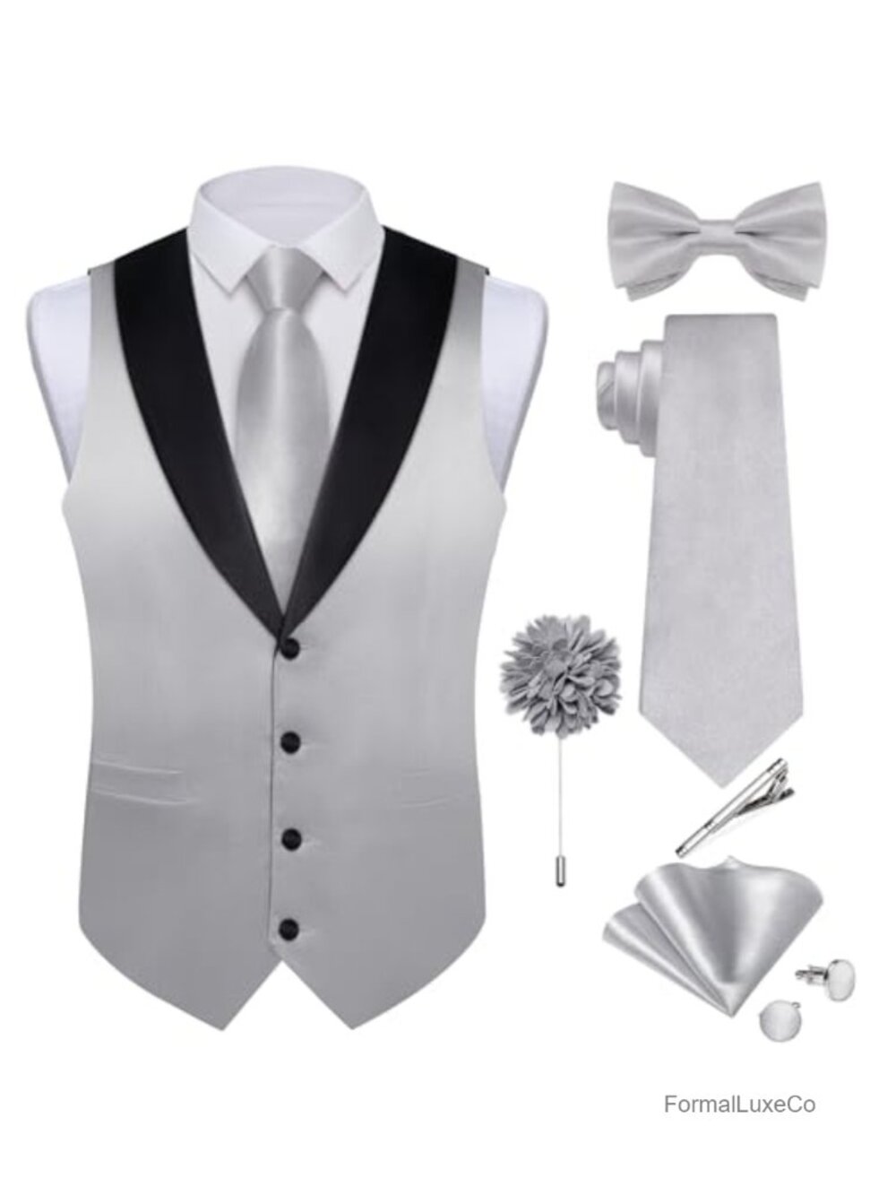 Mens Satin Vest Tie Set Formal Waistcoat Shawl Collar Sleeveless